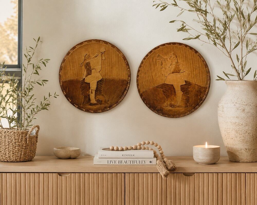 Vintage Hand Carved Greek Wood Wall Plaques Set 2 Folk Dancer Made Greece